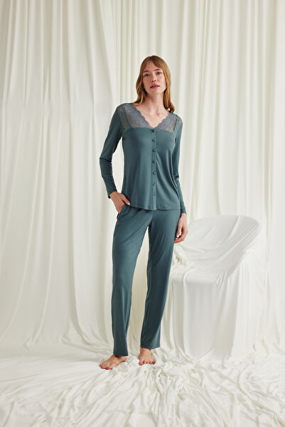 MONAMİSE Women'S, Green, Collared and Shoulder-Strapped, Lace Piece Buttoned ...