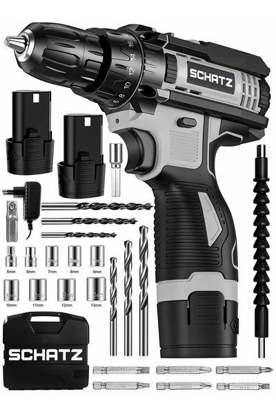 Schatz 12v Çift Akülü Çelik Şanzıman Bakır Sargılı Şarjlı Vidalama Matkap Gri...