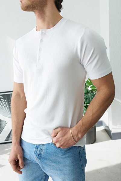 Wonraces Jachetă Henley albă pentru bărbați, cu guler cu nasturi și jumătate ...