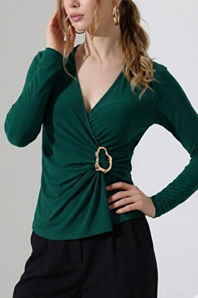 AKD Atelier Women's Blouse Gold Buckle Detail Ruched Double-Breasted Collar L...