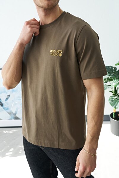 Wonraces Men's Khaki Regular Crew Neck Golden Hour Embroidered T-Shirt