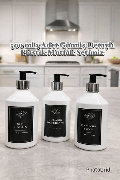 AY&ÇA HOME 3-Piece Amber Silver Detailed Plastic 500ml Kitchen Set with Dishwasher, Liquid Soap, Bleach Labels