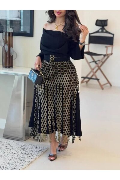 Kendallksa Royal evening dress with gold chain details