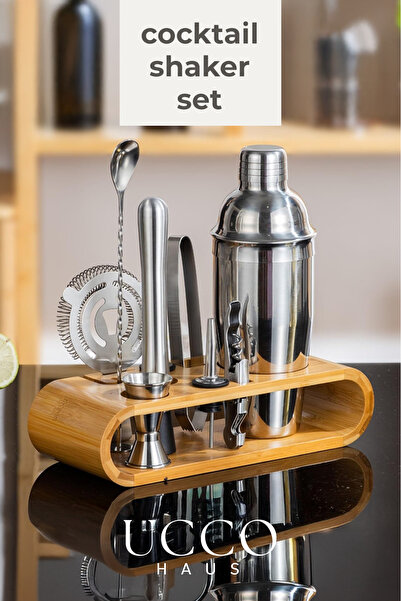 UCCO 10-Piece Cocktail Shaker Set with Bamboo Stands - 304 Quality Stainless ...