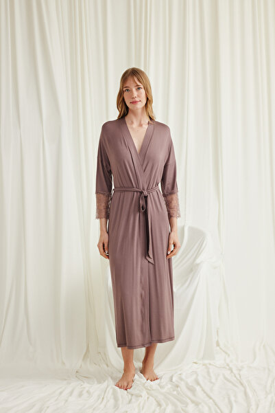 MONAMİSE Women'S, Brown, Lace Piece and Belted Dressing Gown