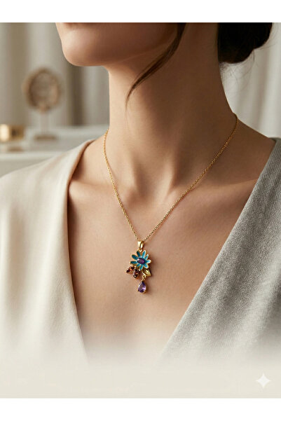 AUREVLİS Gold Renk Çelik Çiçek Figürlü Renkli Taşlı Mor Damla Detaylı Kadın K...