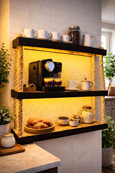 Auro home Rustik Halatlı Ahşap Kahve Köşesi & Baharatlık Rafı – LED Aydınlatmalı