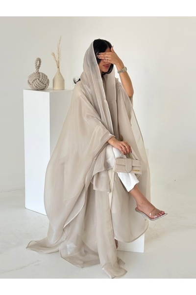 Noon Noora One Size Fits All Satin Shimmering Cardigan Abaya Robe with Headscarf