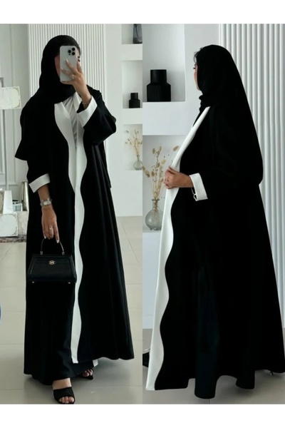 Noon Noora Black and White Color-blocked Stylish Cardigan/robe Coat (abaya) (...