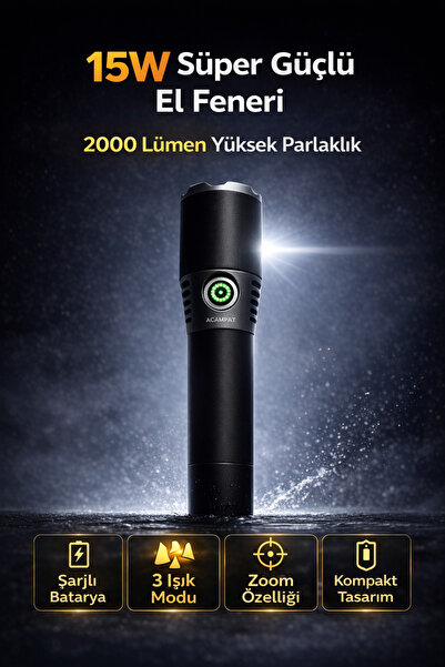 Edison 15W 2000 Lümen Şarjlı Zoomlu El Feneri Güçlü Işık Kamp Acil Durum Fene...