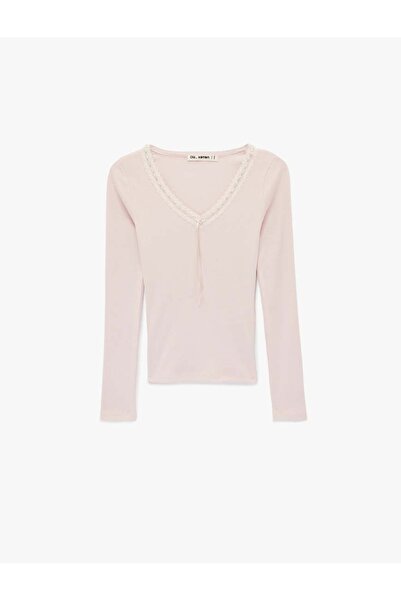 Koton dantelă Detaliat cu fundă roz pentru femei tricou 6SAL10327IK