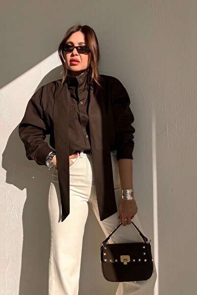 ELVAN TOLON Cămașă maro cu eșarfă guler ridicat