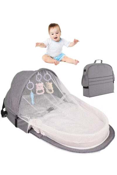 Arabest سرير أطفال، سرير أطفال قابل للطي محمول مع ألعاب وناموسية، للسفر، رمادي