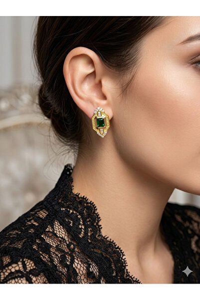 SENTİA ACCSSESORY Gold Steel Earrings with Emerald Green Stones