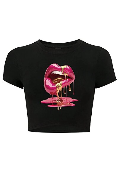 Gofeel Μπλουζάκι Harajuku Y2K Flaming Lip Figure Glitter Stone με τύπωμα Μαύρ...