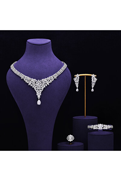 JEWELRY Luxury Women Bridal CZ Necklace Earrings Bracelet Ring 4pcs Big Weddi...