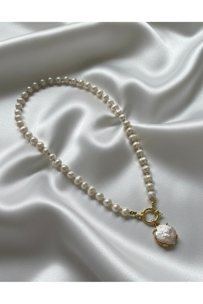 AERAS DESİNG Gerçek İnci Kolye Barok İnci Uçlu | Paslanmaz Çelik Aparatlı Gol...