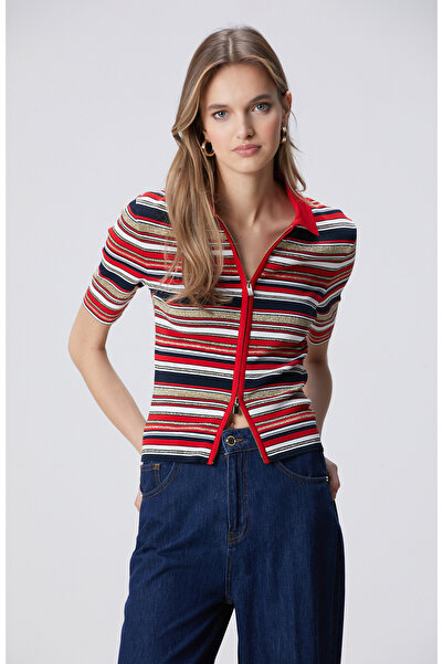 Network Lacivert Kırmızı Kısa Kol Triko Hırka