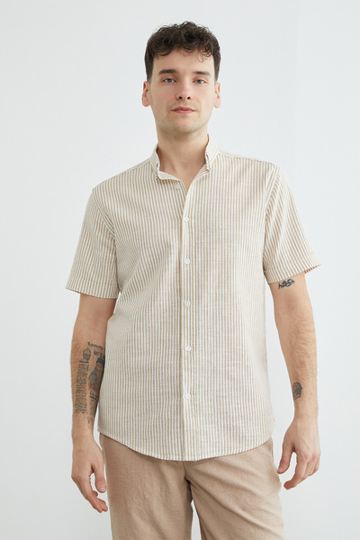 Fulla Moda Ριγέ Λινό Πουκάμισο με κοντό μανίκι