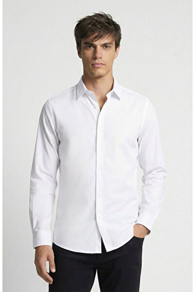 Network Slim Fit Beyaz Lycralı Cotton Petek Desen Gömlek