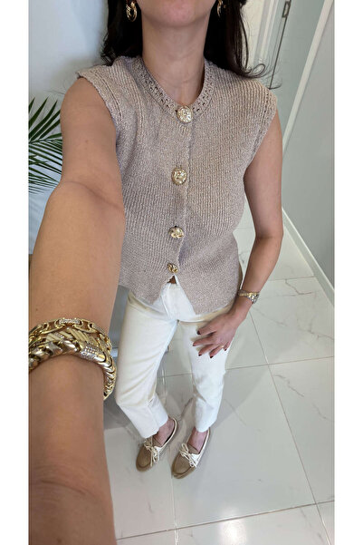 BİRCANÇİL MD Reflas Бежево-золота тока Детальний трикотажний жилет