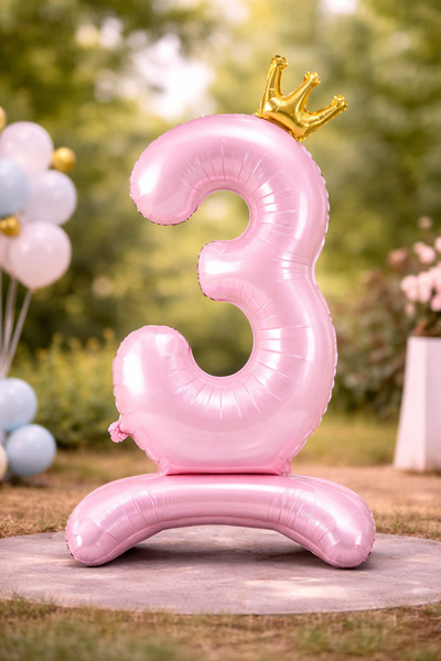 Baloncu Dede 3 Year Old Pink Footed Crowned Foil Number Balloon 78 cm Birthda...