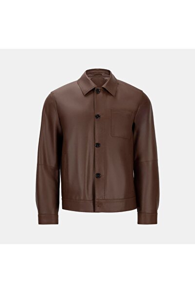 Desa سترة جلدية للرجال بياقة قميص بنية اللون