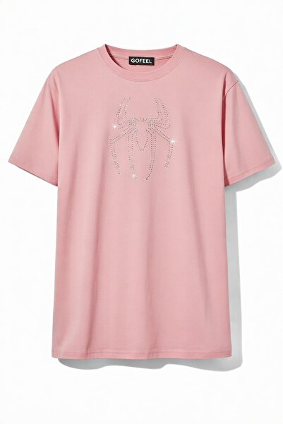 Gofeel Unisex Oversized Pink Spider Glitter Stone T-Shirt