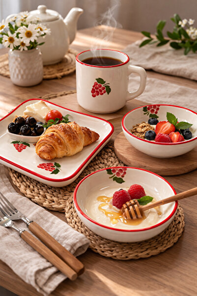 ARVALE Ceramic Grape Patterned 4-Piece Breakfast Set – Bowl with Red Rim, Ser...
