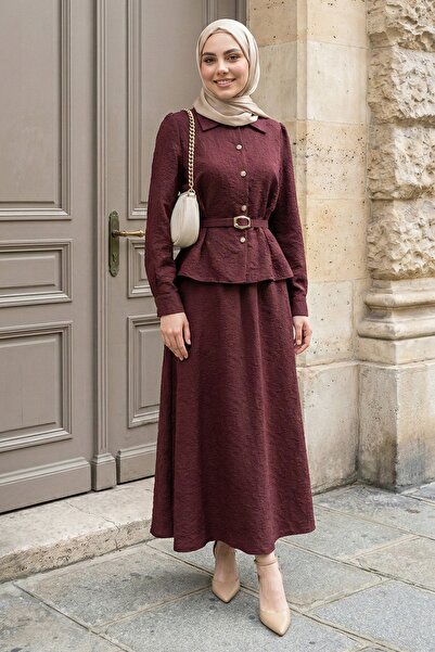 InStyle Set roșu Claret din curea piese cu fustă și bluză cu nasturi în față