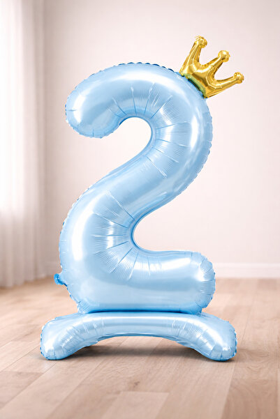 Baloncu Dede بالون على شكل رقم 2 باللون الأزرق الفاتح مع تاج 78 سم لتزيين حفل...