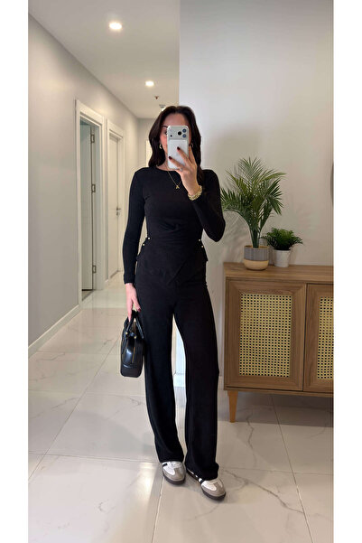BİRCANÇİL Joni Black Waist Detailed Blouse and Pants Set
