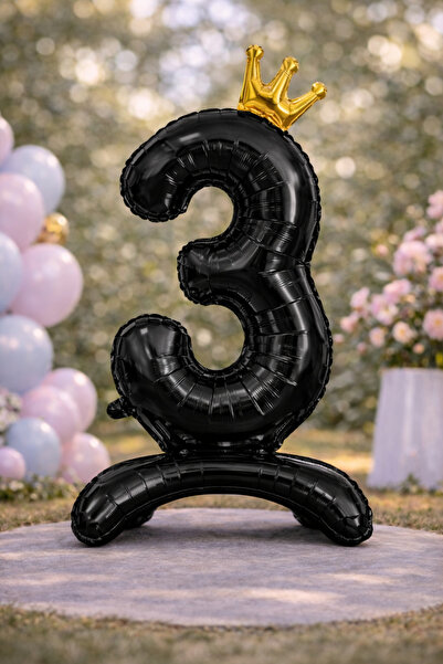 Baloncu Dede 3 Year Old Black Footed Crowned Foil Number Balloon 78 cm Birthd...
