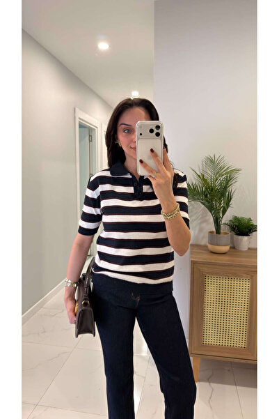 BİRCANÇİL MD Hisrot Bleumarin Ecru cu dungi Tricotaj cu guler polo și mânecă ...