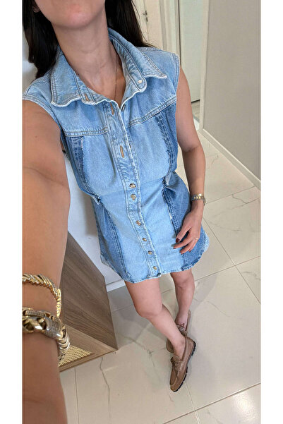 BİRCANÇİL ZR Finita plava haljina bez rukava sa detaljima na struku Denim