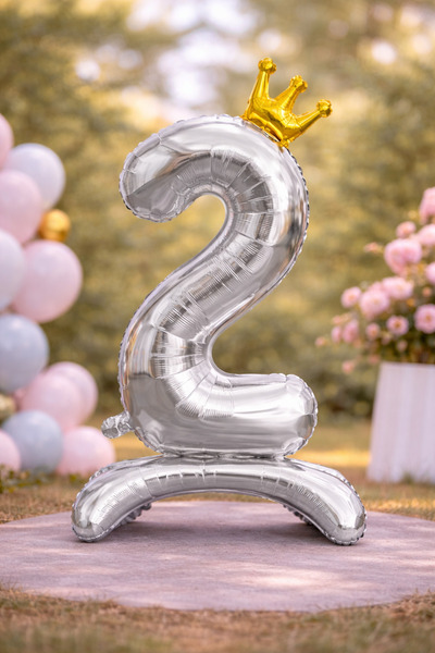 Baloncu Dede 2 Year Old Silver Footed Crowned Foil Number Balloon 78 cm Birth...