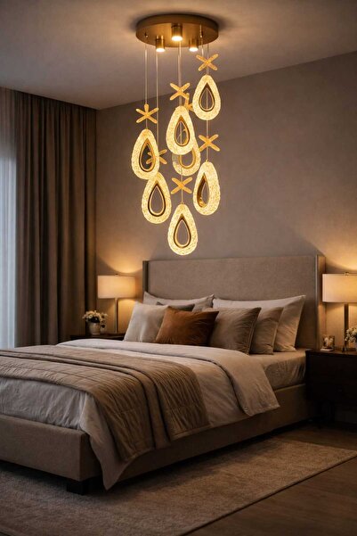 CanAydınlatma 7'Li Gold Damla Sarkıt 3 Renk LED Modern Salon/Antre Avizesi (B...