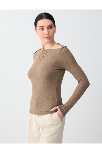 Jimmy Key Bej Melanj Kayık Yaka Uzun Kollu Örme Bluz
