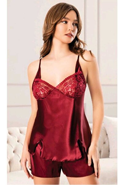 MARİA CALZE Luxurious Detailed Satin Nightgown Set with Shorts