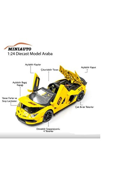 Kızılkaya Oyuncak Mınıauto Lamborghini Sarı 1:24 Metal Çek Bırak Kapıları Açı...