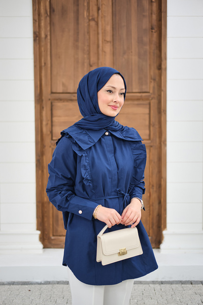 LOCCO Cămașă de damă cu guler cu încrețituri talie cu detaliu cu șnur poplin ...