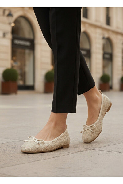 ÖRKCÜ حذاء نسائي كريمي بفيونكة حذاء مسطح حذاء بنعل مسطح مريح للاستخدام اليومي