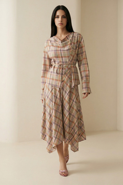 Setre Pembe-Yeşil Belden Bağlama Ve Yaka Detaylı Uzun Kollu Desenli Bluz