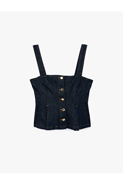 Koton Τετράγωνος γιακάς Αμάνικη μπλούζα με λεπτομέρεια με Με πιέτες κουμπιά Τζιν