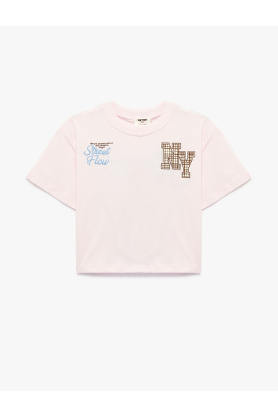 Koton Cotton Short Sleeve Crew Neck Front and Back Embroidery and Plaid Appli...