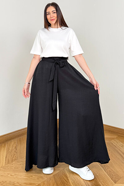 Cappmoda PNT-7671 Siyah Bağlama Detaylı Cepli Dokuma Şalvar Pantolon