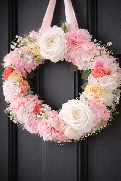 ecrella Premium El Yapımı Çiçekli Kapı Süsü – Pastel Pembe & Beyaz Bahar Çele...