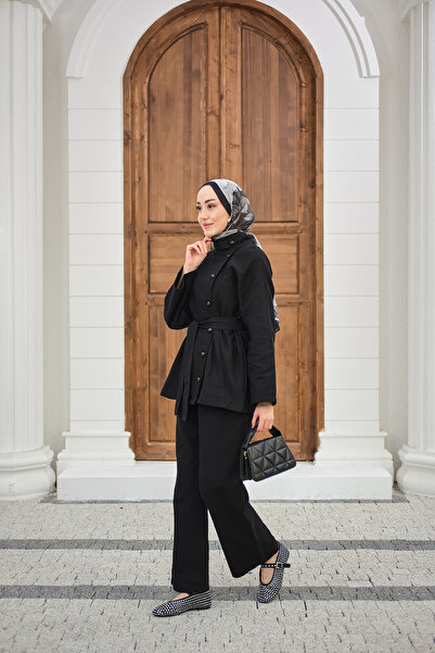 LOCCO Γυναικείο Σετ Τζιν με Λεπτομέρεια στον Λαιμό και στη Μέση Με δέσιμο Μαύρο