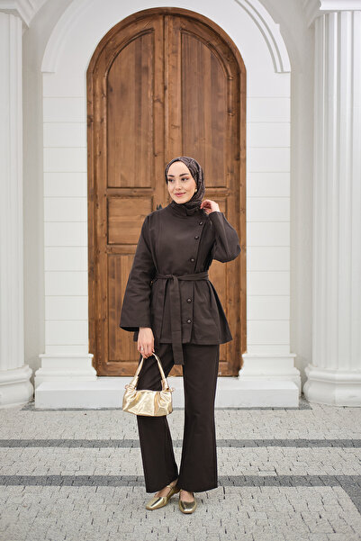 LOCCO Kadın Boyun Düğme Detay Bel Bağlamalı Kot Takım Kahverengi