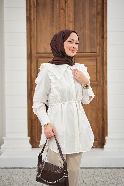 LOCCO Women's Collar Ruched Waist Tie-Detail Poplin Shirt White